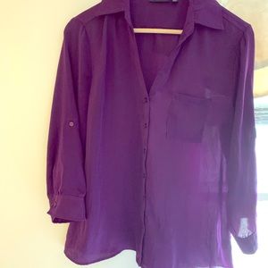 Purple button down v neck blouse
